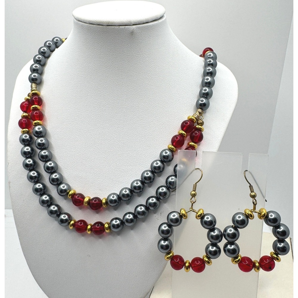 Gunmetal Grey Faux Pearl & Red Bead Multi-Strand Necklace Earring Set Vintage